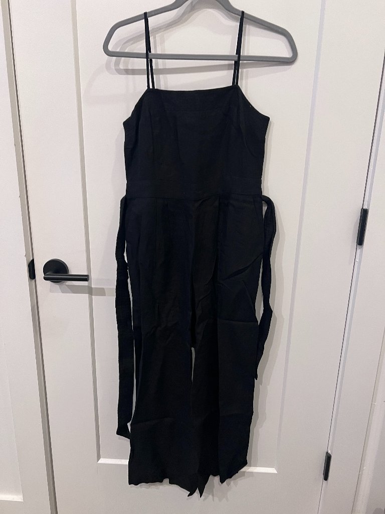 Black Linen Blend Jumpsuit W/ Tie Waist & Adjustable Straps - Petite